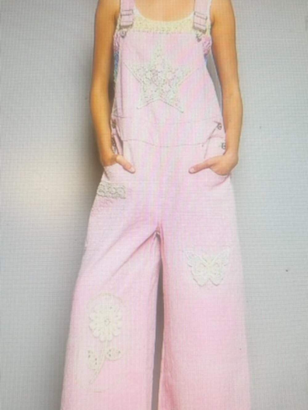 POL Pink Paisley Floral Butterfly Star Crochet Patch Pearl Bead Overalls NEW